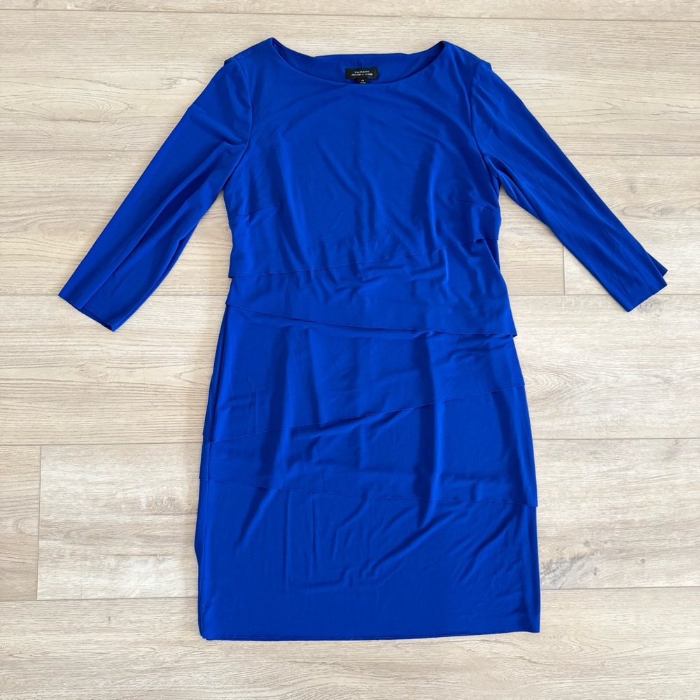 Tahari Arthur Levine Layered Blue 3/4 Sleeve Sheath Midi Dress Women’s 12 EUC